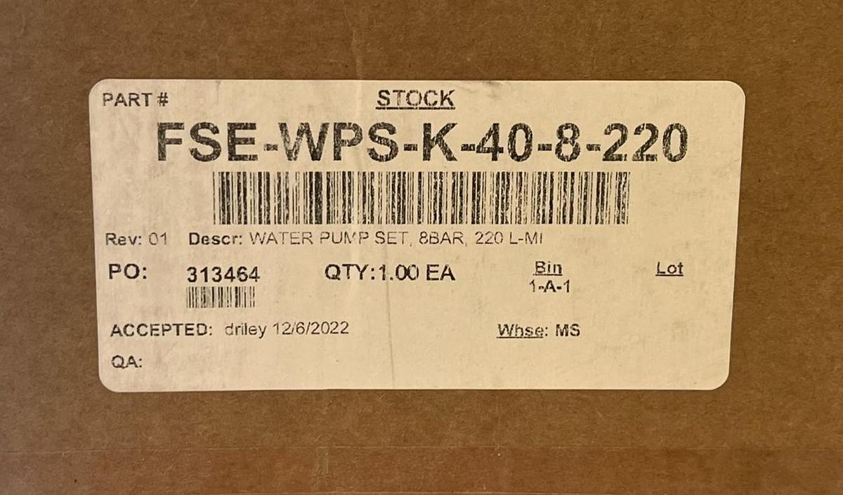 Used FIREFLY AB WATER PUMP SET 28850-0110, PAK-40-10-NPT, FSE-WPS-K-40-8-220 SPARK