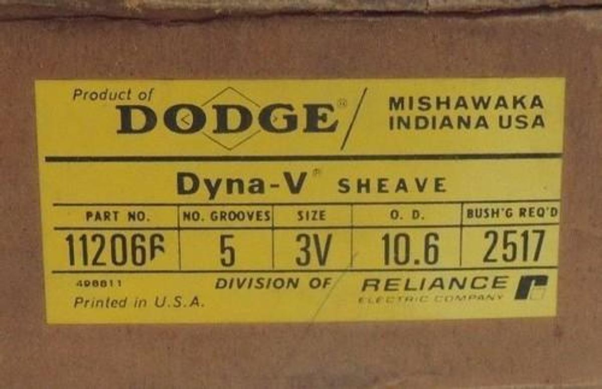 Used NEW DODGE 112066 DYNA-V SHEAVE SIZE 3V, 5 GROOVES, O.D. 10.6" 2517 BUSHING REQ'D