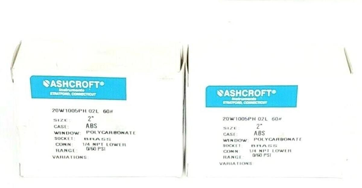 Used LOT OF 2 NIB ASHCROFT 20W1005PH 02L 60# PRESSURE GAUGES 0-60PSI, 1/4 NPT LOWER