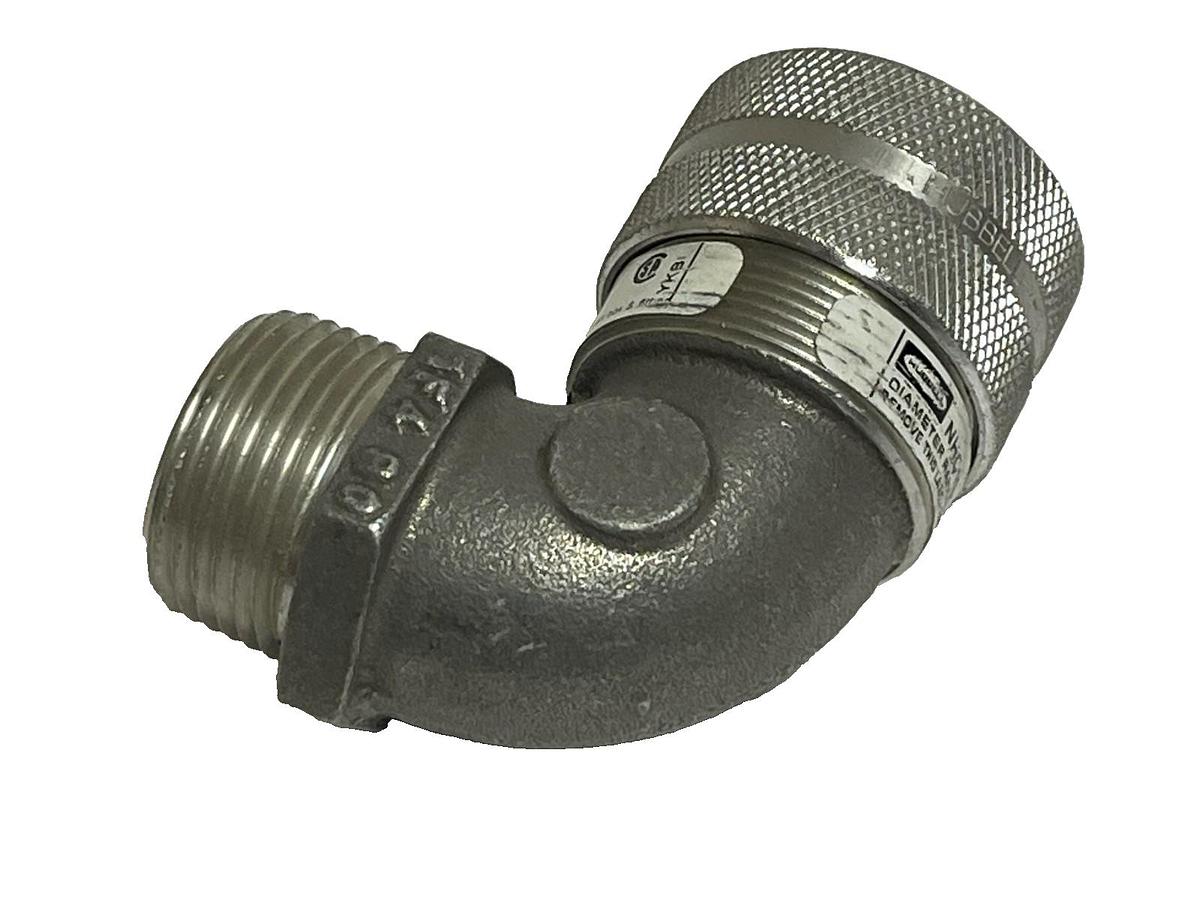 Used Hubbell NHC1040 Liquid-Tight Cord Connector – 90° Male, 1" NPT, Aluminum