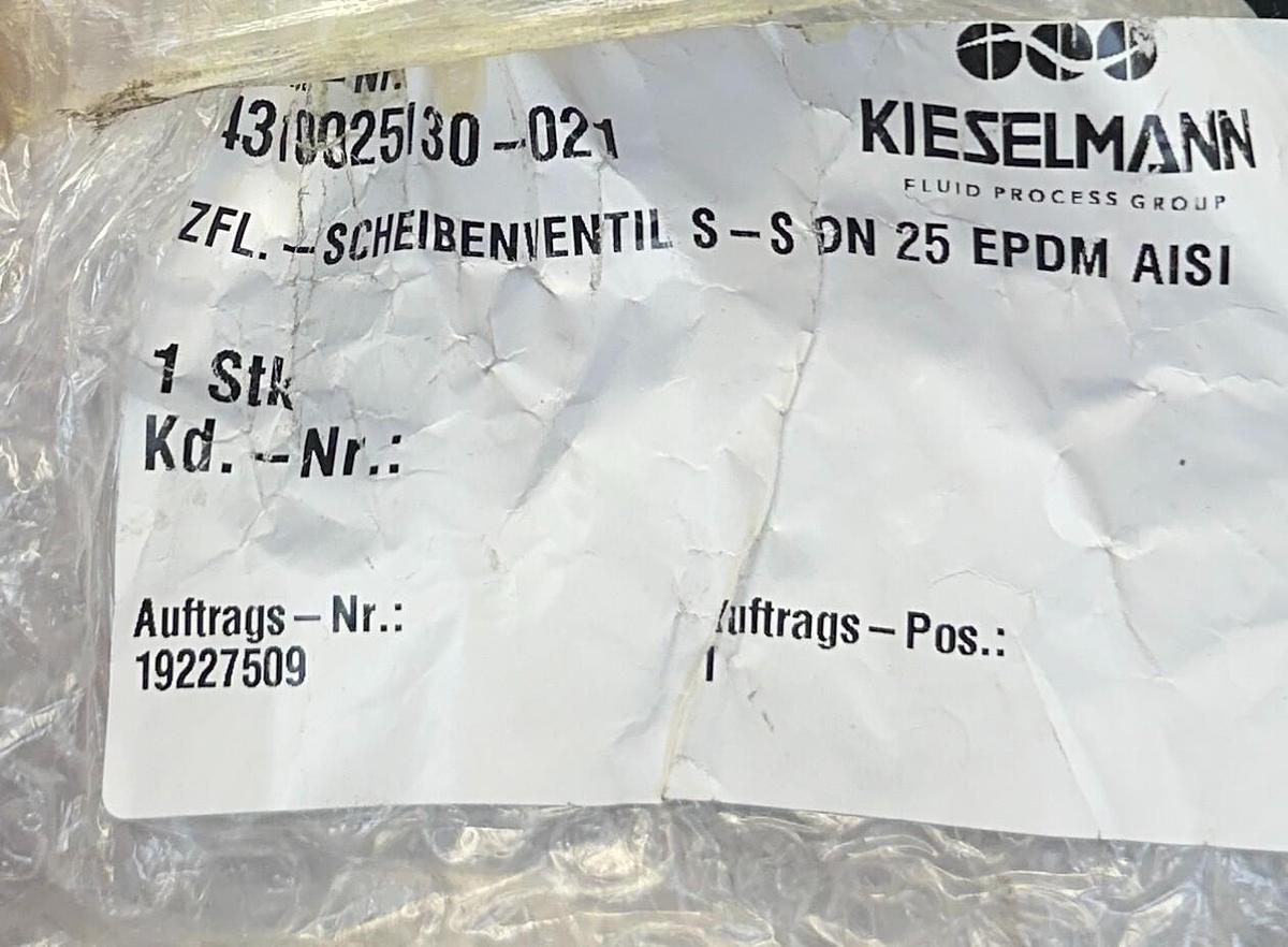 Used KIESELMANN 4310025130-021 / 4310025130021 BUTTERFLY VALVE 1'' SS DN25 EPDM NSMP