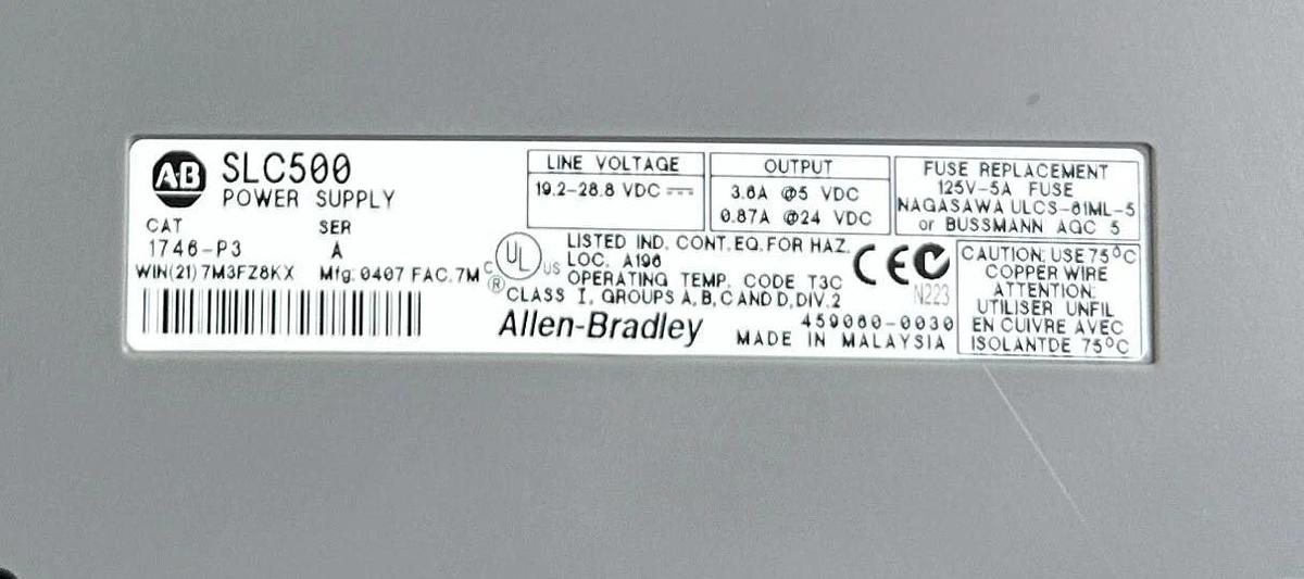Used ALLEN BRADLEY 1746-P3 /A SLC 500 POWER SUPPLY W/ 1746-A10 /B 10-SLOT MODULE RACK