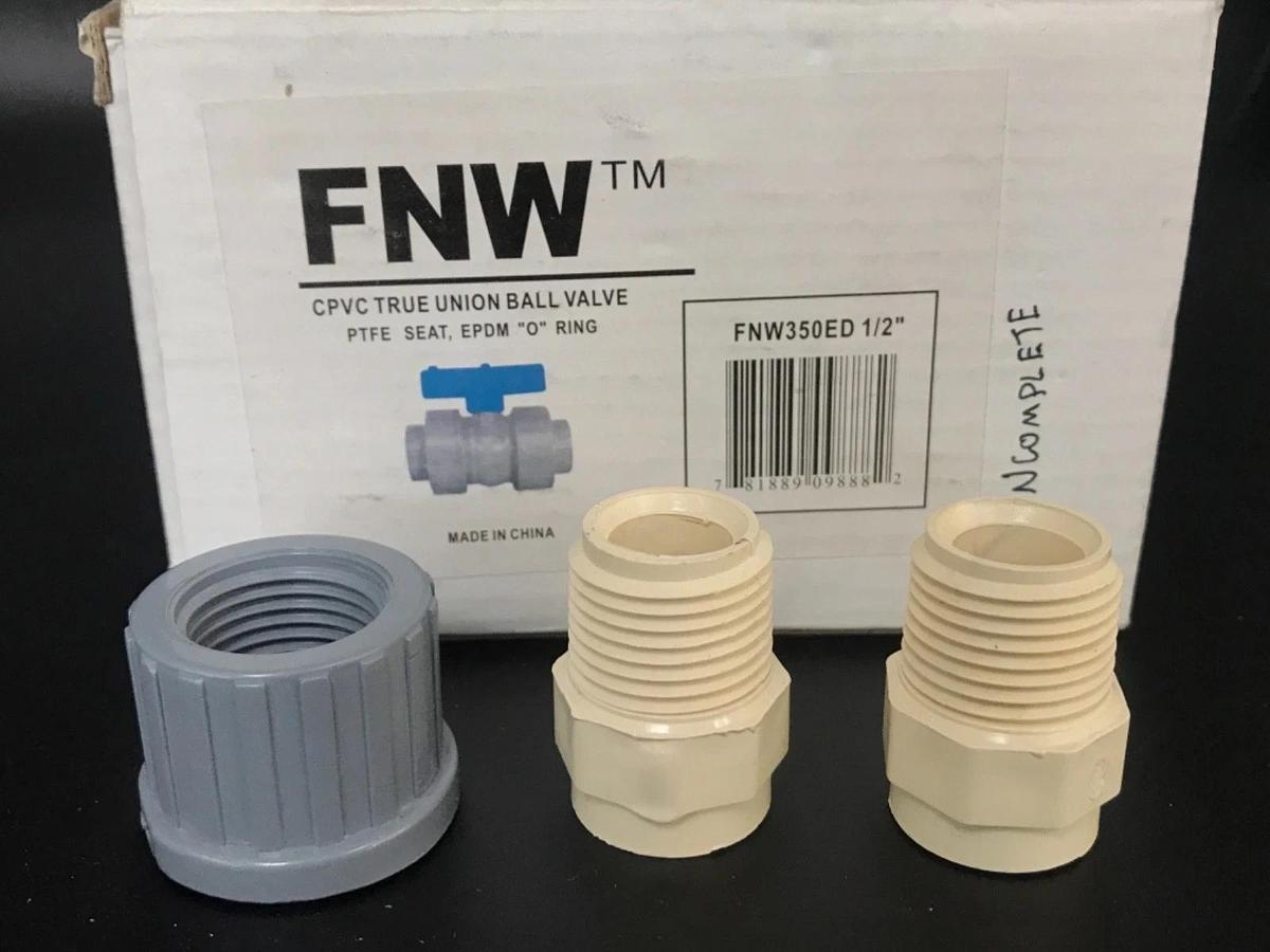 Used NIB FNW FNW350ED 1/2" CPVC TRUE UNION BALL VALVE 150PSI, FNW350E *MISSING PART*