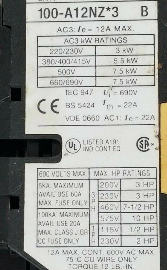 Used ALLEN BRADLEY 100-A12NZ*3 CONTACTOR 100A12NZ3, 24V DC, SERIES B