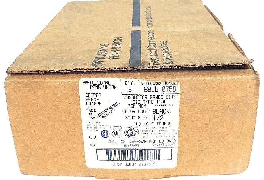 BOX OF 6 NEW TELEDYNE PENN-UNION BBLU-075D COPPER CRIMPS BLACK 1/2", 750MCM