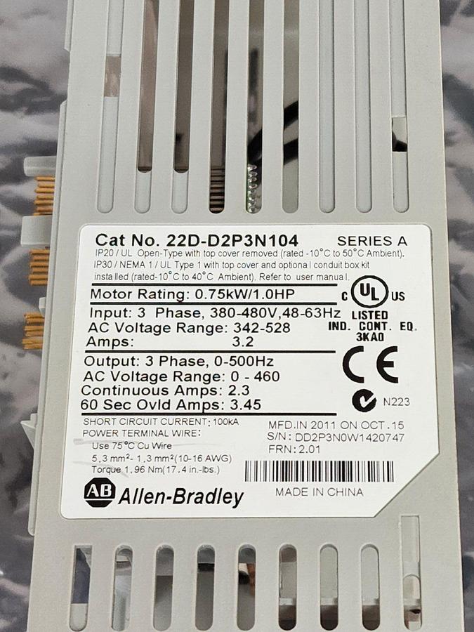 Used ALLEN BRADLEY 22D-D2P3N104 HOUSING