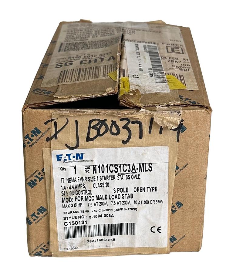 Used NEW EATON N101CS1C3A-MLS / 3-1584-003A NEMA FVNR SIZE 1 STARTER 27A 24VDC 3-POLE