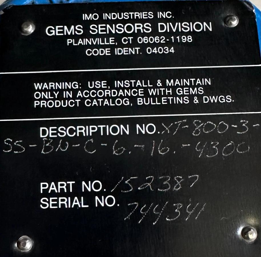 Used IMO GEMS SENSOR XT-800-3-SS-BN-C-6.-16.-4300 LEVEL SENSOR 152387 XT-800