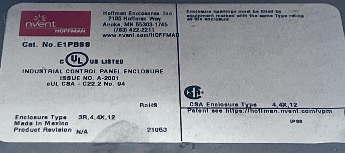 HOFFMAN E1PBSS STAINLESS STEEL ENCLOSURE W/ SIEMENS 52BM9W2 RED PUSHBUTTON NSNP