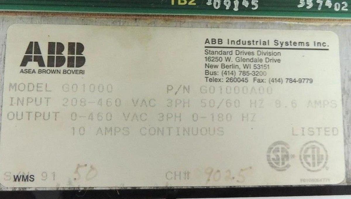 Used ABB ASEA BROWN BOVERI SPEED CONTROL DRIVE 10A 10 AMP MOD: G01000, P/N: G01000A00