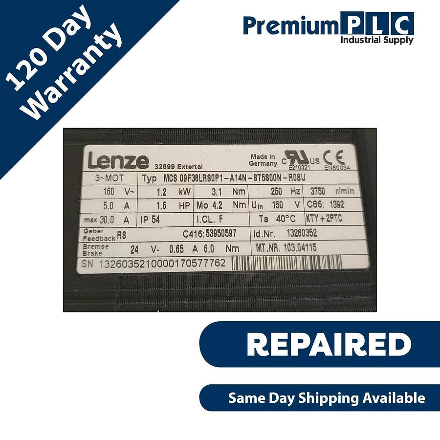 Refurbished REPAIRED LENZE MCS09F38LRS0P1-A14N-ST5S00N-R0SU 1.2kW MCS SERVO MOTOR W/ BRAKE