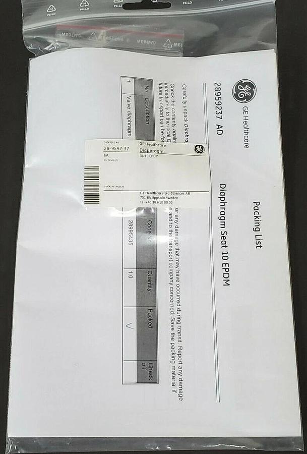 Used NEW GE HEALTHCARE 28-9592-37 VALVE DIAPHRAGMS DN10 EPDM 28959237 AD