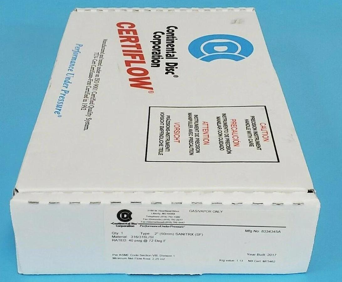 Used NIB CONTINENTAL DISC CORP. 8334345A TYPE: 2'' 50mm SANITRX (SF) RUPTURE DISC