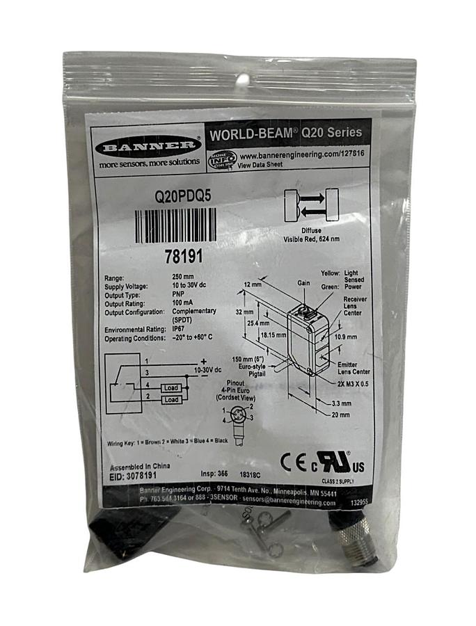 BANNER Q20PDQ5 / 78191 WORLD-BEAM Q20 SERIES PHOTOELECTRIC SENSOR 10-30VDC NSMP