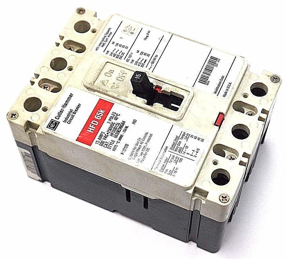 Used CUTLER HAMMER HFD65K CIRCUIT BREAKER HFD3015L, 6639C98G84, 15AMPS, 3POLES