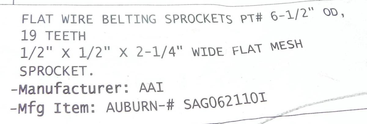 Used AAI SAG062110I FLAT WIRE BELTING SPROCKET 6-1/2''OD, 19 TEETH, 1/2X1/2X2-1/4