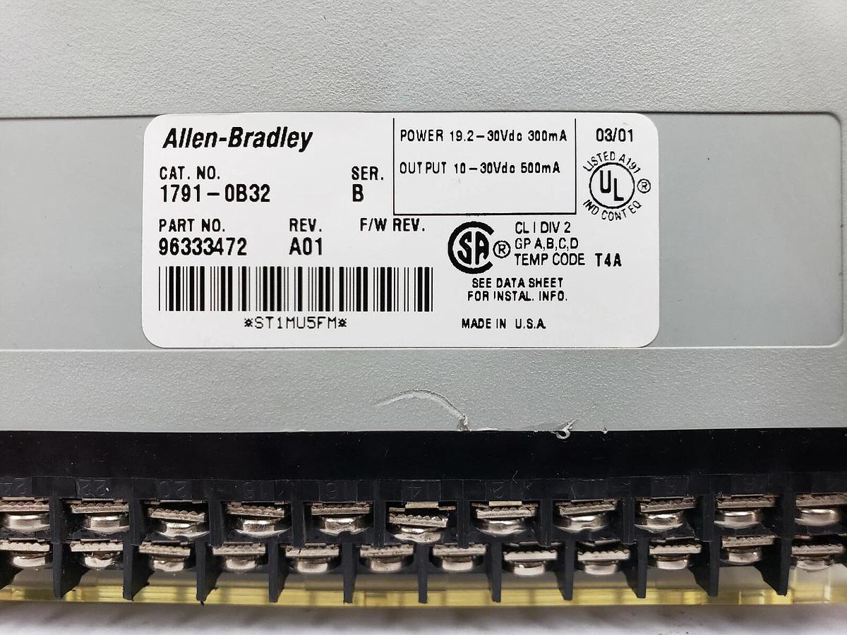 Used ALLEN BRADLEY 1791-0B32 I/O BLOCK 24VDC SER. B, P/N: 96333472 REV. A01