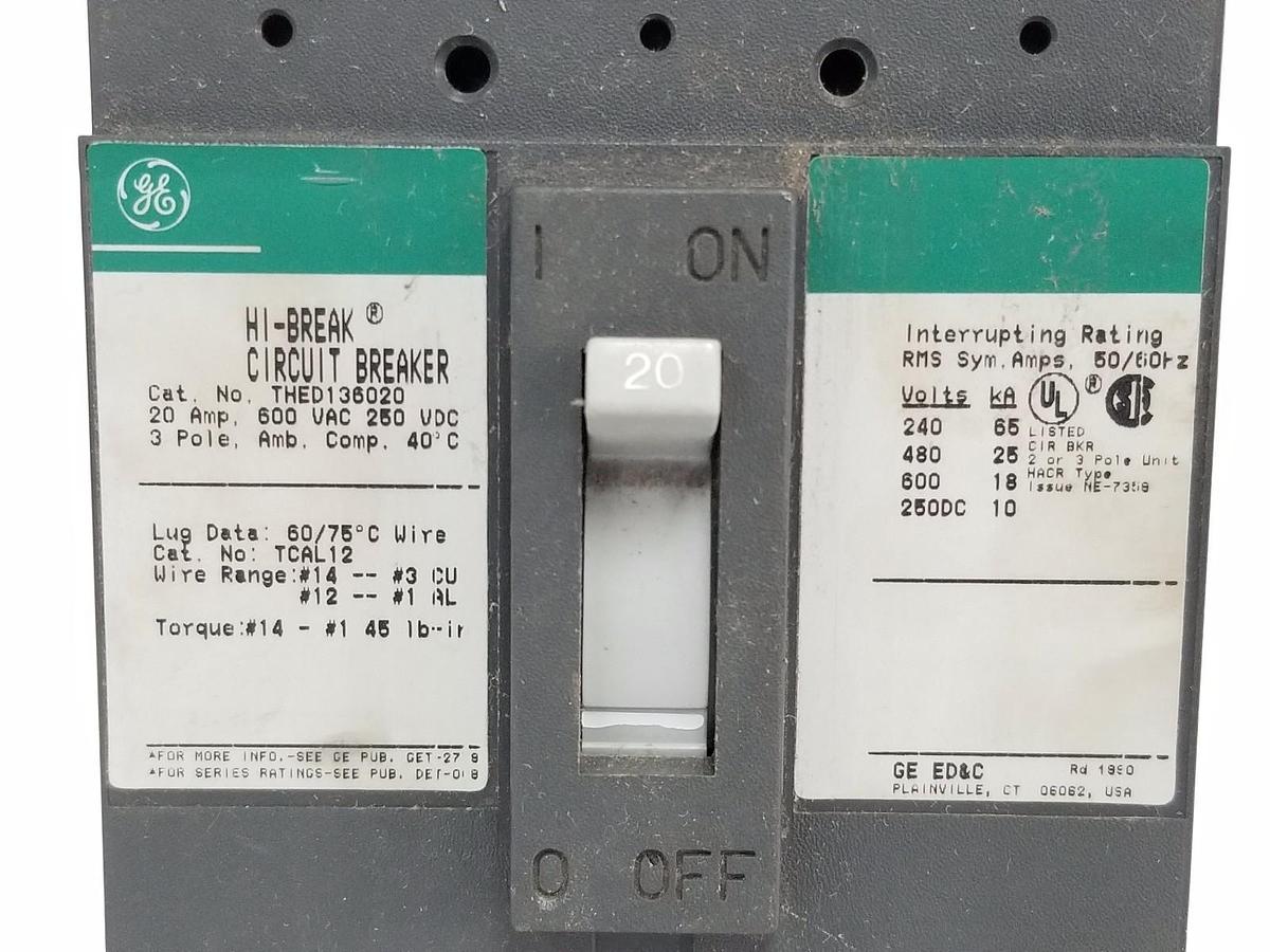 Used GENERAL ELECTRIC THED136020 HI BREAK CIRCUIT BREAKER 20 AMP, 600VAC, 3 POLE