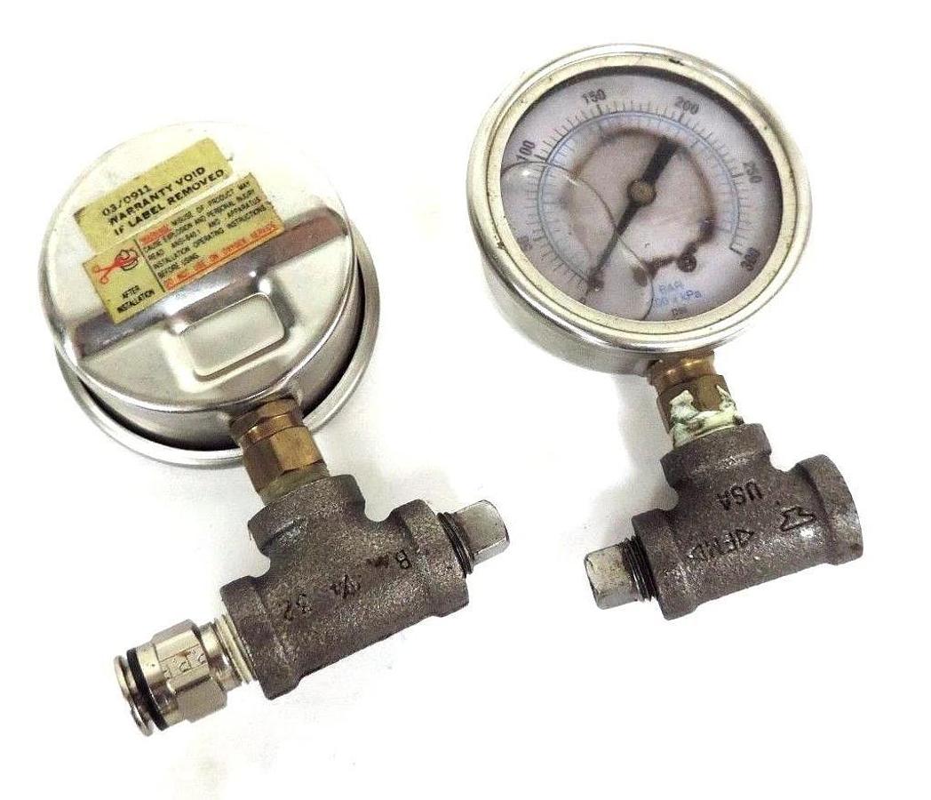Used LOT OF 2 GENERIC LIQUID FILLED PRESSURE GAUGES 100XKPA, 0-300 PSI