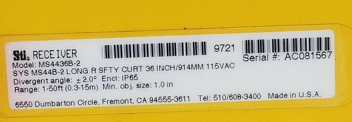Used SET OF STI MODEL: MS4436B-2 LIGHT CURTAIN SET SYS MS44B-2 36 IN. 914MM 115VAC