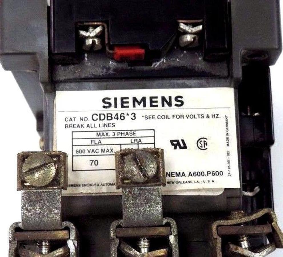 Used SIEMENS CDB46*3 CONTACTOR 600VAC W/ COIL 480/380V, 60/50HZ, CDB463
