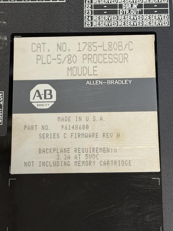 Used ALLEN BRADLEY 1785-L80B/C PLC-5/80 PROCESSOR MODULE F/W REV: H (NO KEY)