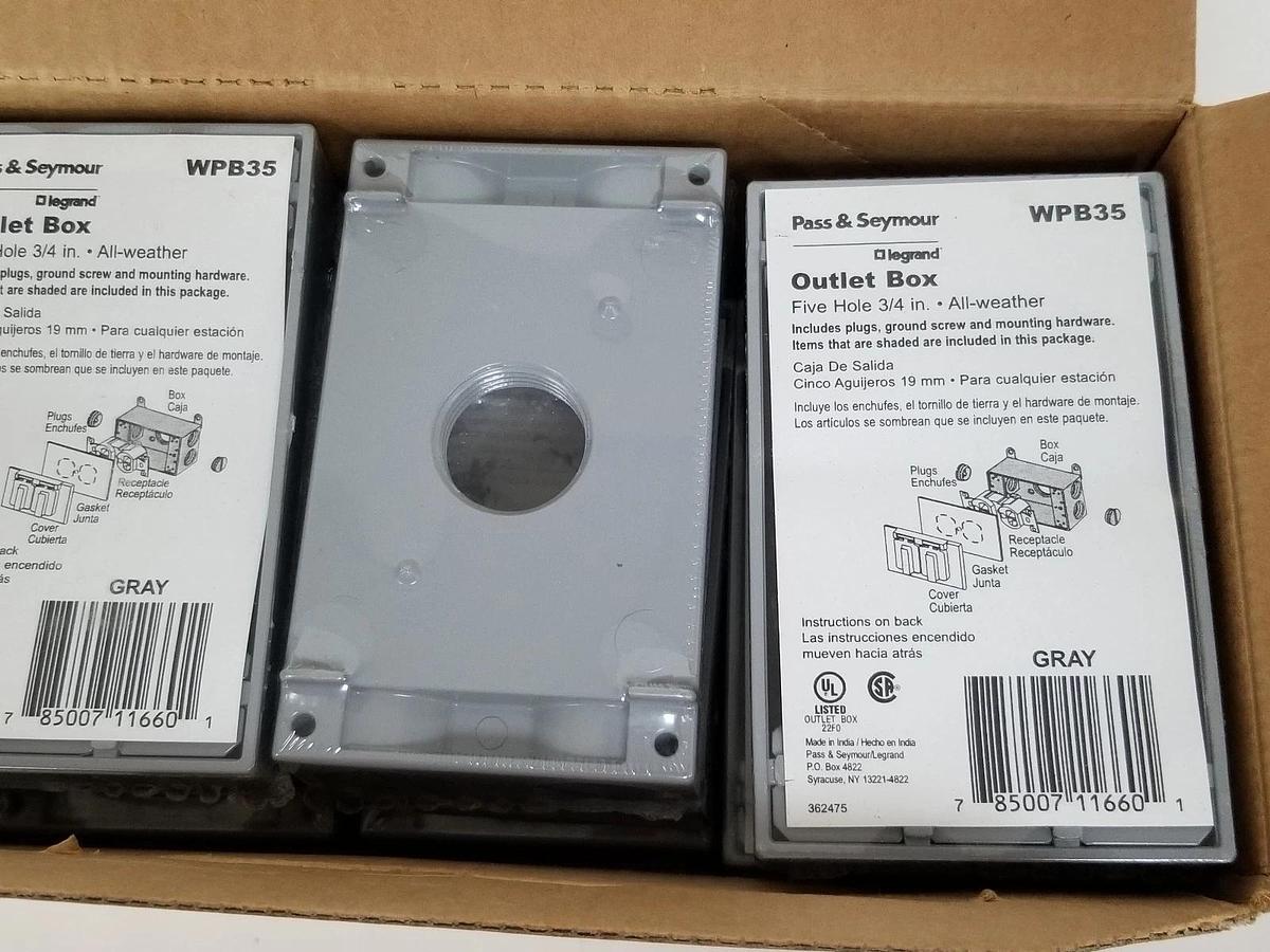 Used BOX OF 12 NEW PASS & SEYMOUR WPB35 ALL-WEATHER OUTLET BOXES, FIVE-HOLE, 3/4"