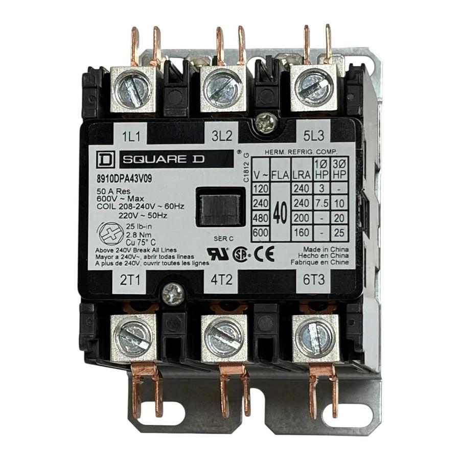 Square D 8910DPA43V09 Definite Purpose Contactor 3 Pole 40A FLA 50A Res 240V
