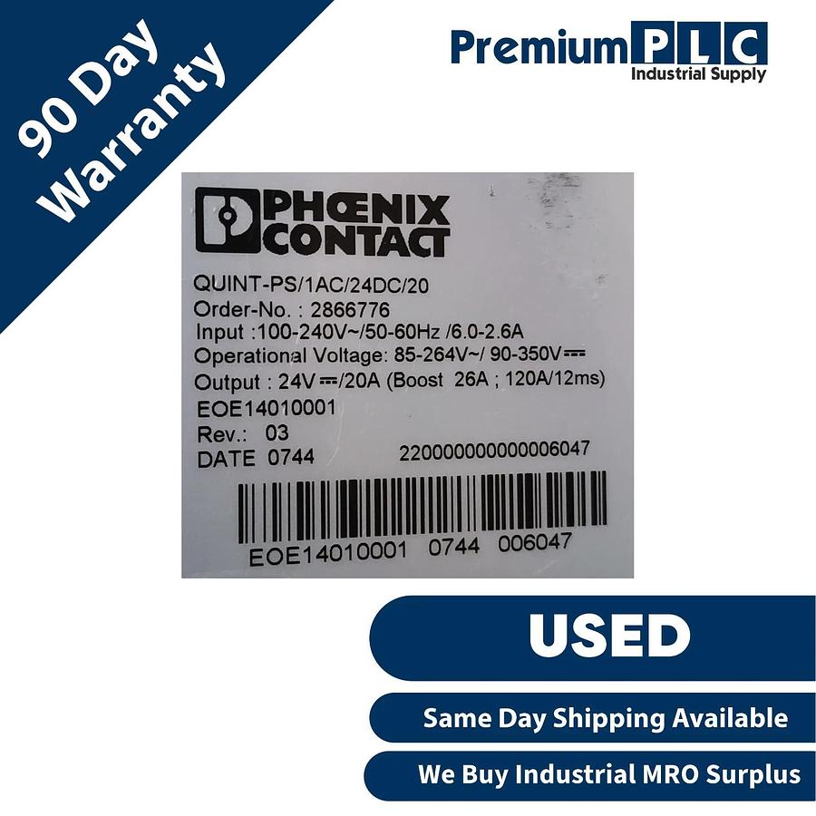Used USED PHOENIX CONTACT QUINT-PS/1AC/24DC/20 POWER SUPPLY UNIT 24VDC/20A 2866776