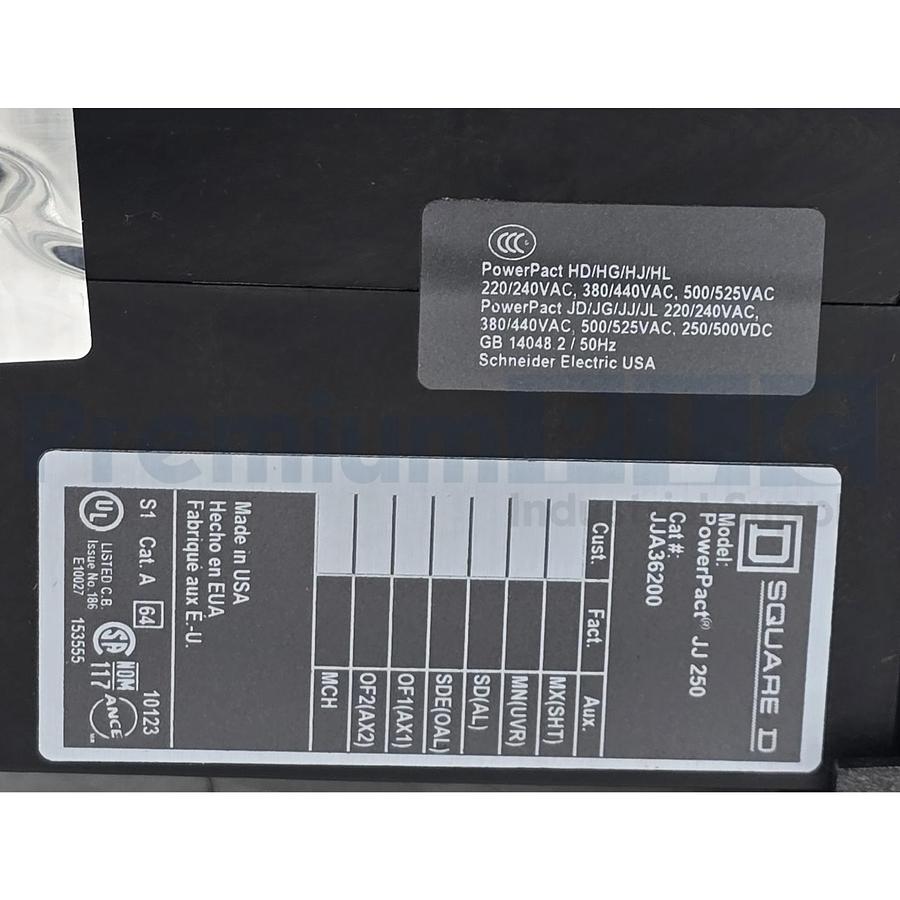 Used SQUARE D JJA36200 PowerPact JJ 250 CIRCUIT BREAKER 200A, 3-POLE, 600VAC NSNP