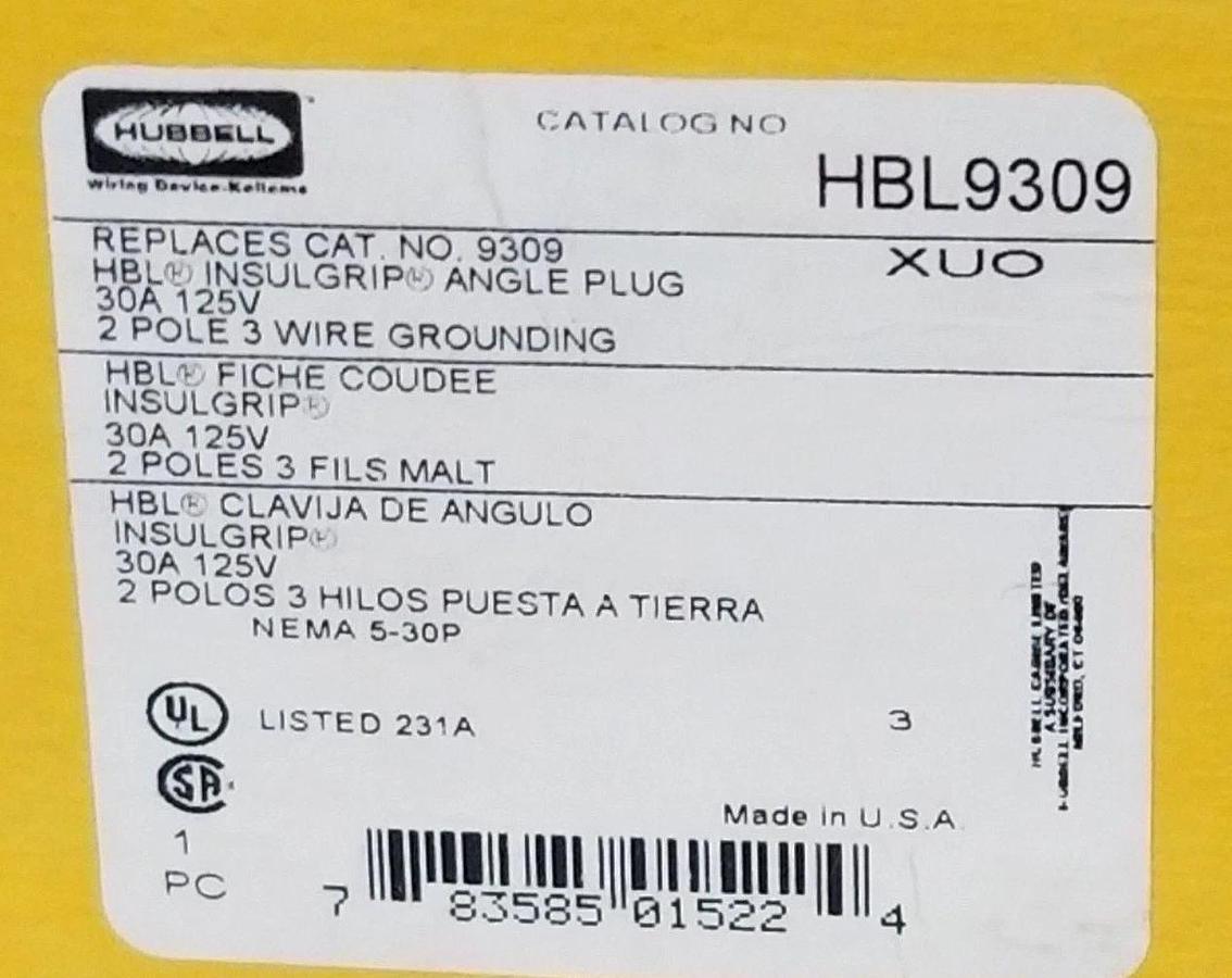 Used NIB HUBBELL HBL9309 INSULGRIP ANGLE PLUG 30A 125V