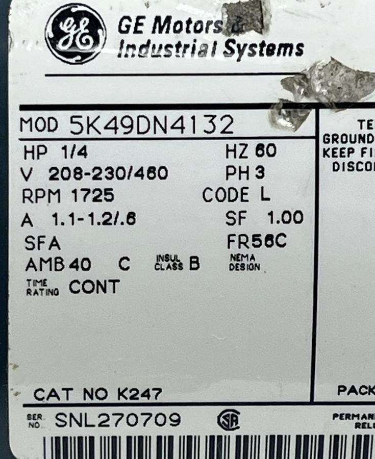 GE 5K49DN4132 3-Phase AC Motor | 1/4 HP, 1725 RPM, 56C Frame, 208-230/460V