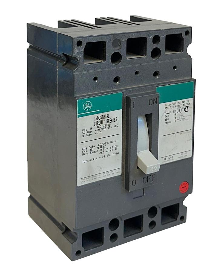 Used GENERAL ELECTRIC TED134050 INDUSTRIAL CIRCUIT BREAKER 50A 480VAC 250VDC 3P NSNP