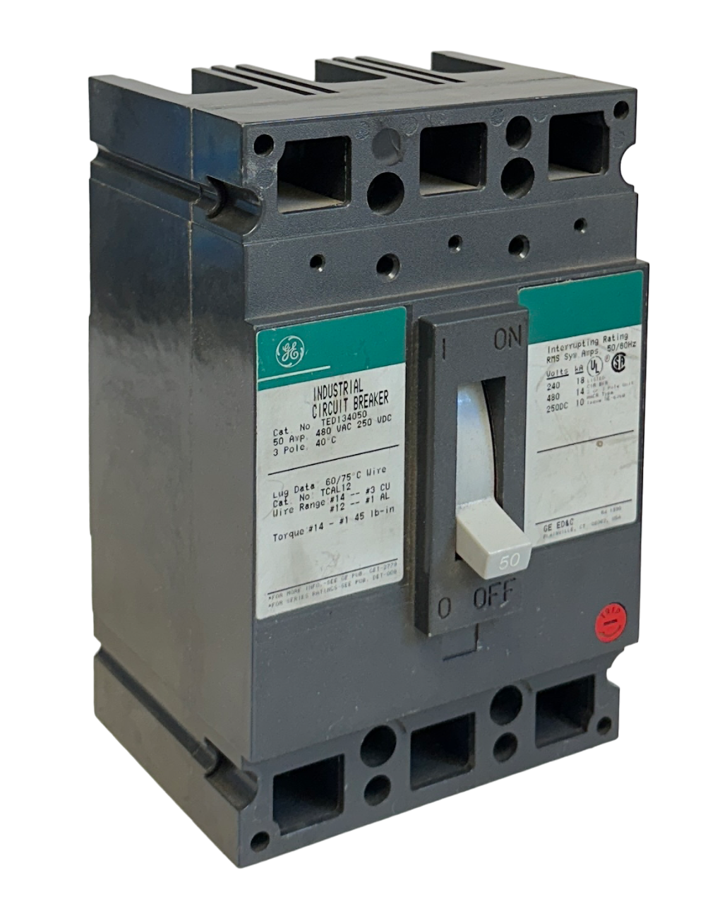 Used GENERAL ELECTRIC TED134050 INDUSTRIAL CIRCUIT BREAKER 50A 480VAC 250VDC 3P NSNP