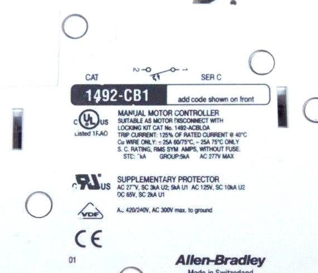 Used LOT OF 2 ALLEN BRADLEY 1492-CB1G020 CIRCUIT BREAKERS SER C, 2A, 1/6HP