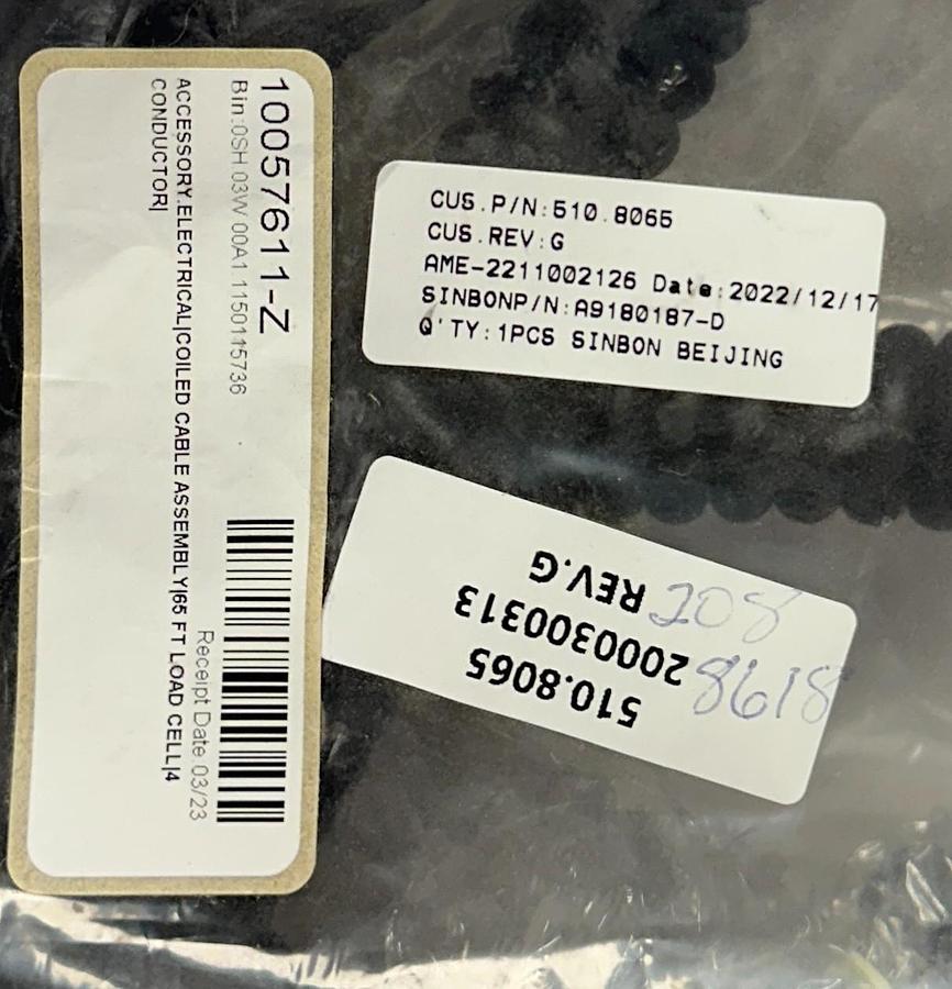 Used SINBON 510.8065 / 2000300313 / AME-2211002126 LOAD CELL CABLE ASSEMBLY 65FT NSMP
