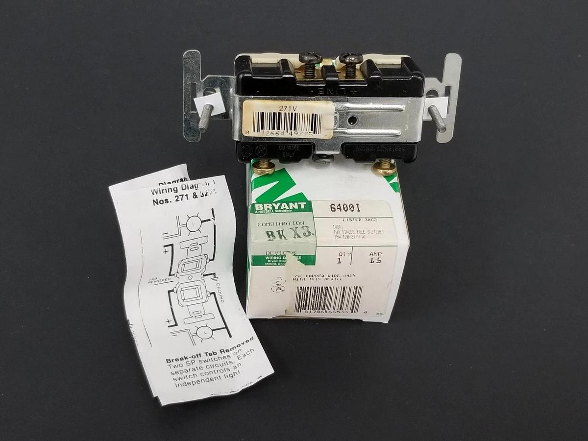 Used NIB BRYANT 6400I COMBINATION DUAL SINGLE POLE SWITCH 15HZ, 120/277VAC, 15AMP