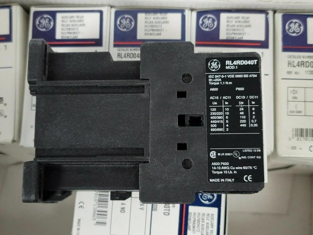 Used LOT OF 6 NIB GENERAL ELECTRIC RL4RD040TD RELAYS, 4 POLE, 24V COIL