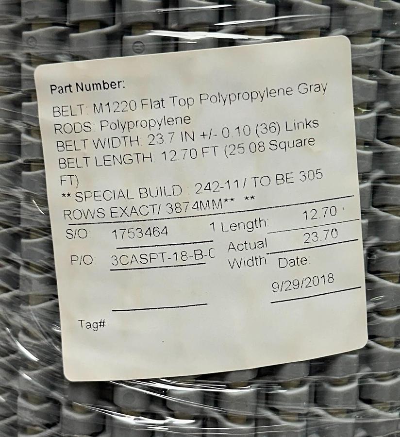 Used HABASIT AMERICA M1220 FLAT TOP PP GRAY RODS PP L=12.7' W=23.7'' 305 ROWS NSMP