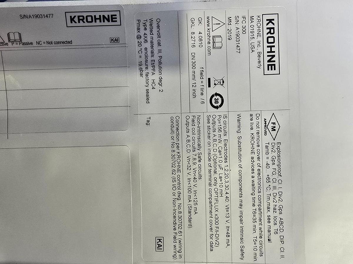Used KROHNE DN300 mm / 12" inch ELECTROMAGNETIC FLOW METER OPTIFLUX 4000-DIV2 NSMP