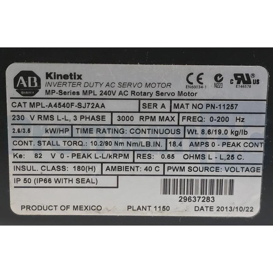Allen Bradley MPL-A4540F-SJ72AA /A Kinetix MP Low-Inertia Servo Motor 240V NSNP