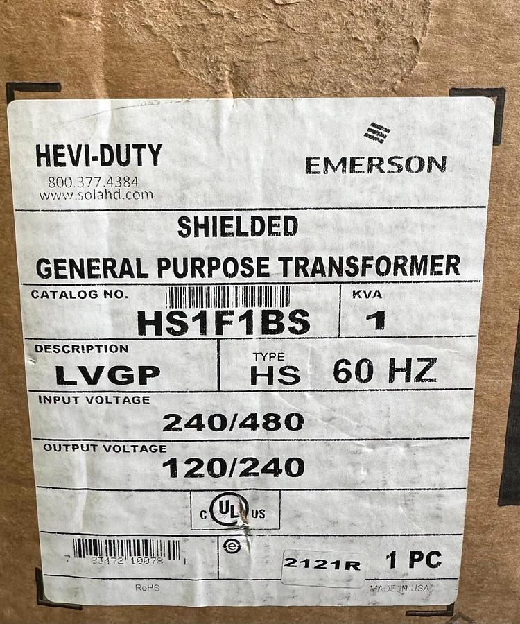 NEW EMERSON HS1F1BS SHIELDED GENERAL PURPOSE TRANSFORMER LVGP HS 60Hz 240/480V