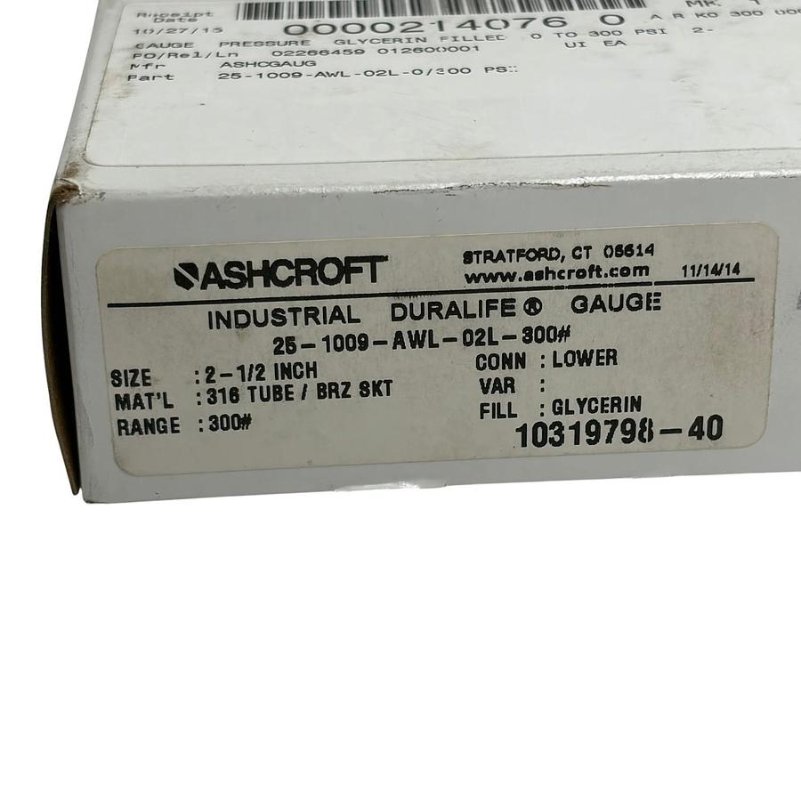 Used Ashcroft 25-1009-AWL-02L-300# Duralife 2.5" Pressure Gauge 300 PSI Glycerin New