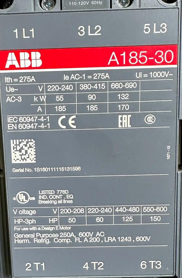 Used ABB A185-30 / A18530 CONTACTOR 275A 1000V 3-POLE W/ ABB EF205-210 OVERLOAD RELAY