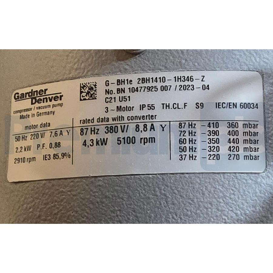 Used Gardner Denver Elmo G-BH1e 2BH1410-1H346-Z Side Channel Blower 4.3kW w/Converter