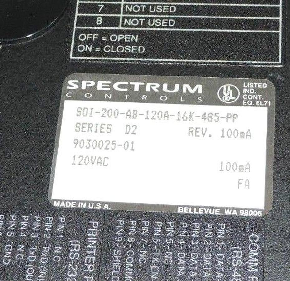 Used SPECTRUM CONTROLS SOI-200-AB-120A-16K-485-PP OPERATOR INTERFACE SER. D2 120 VAC