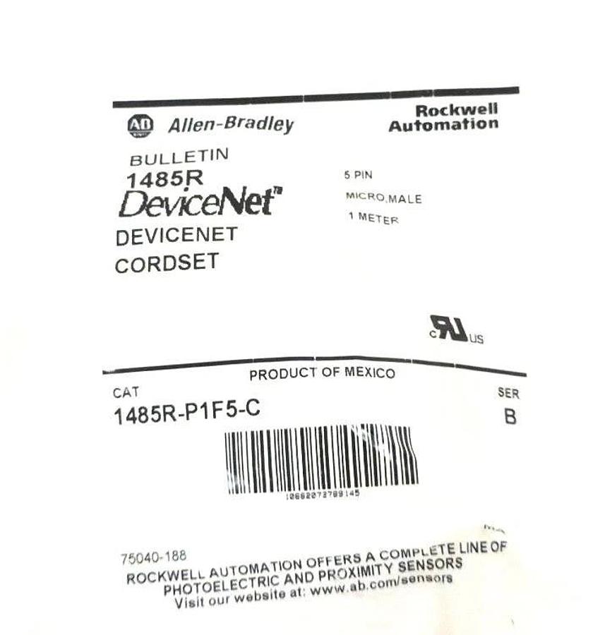 Used NIB ALLEN BRADLEY 1485R-P1F5-C SER. B DEVICENET CORDSET 5PIN MICRO, MALE 1METER
