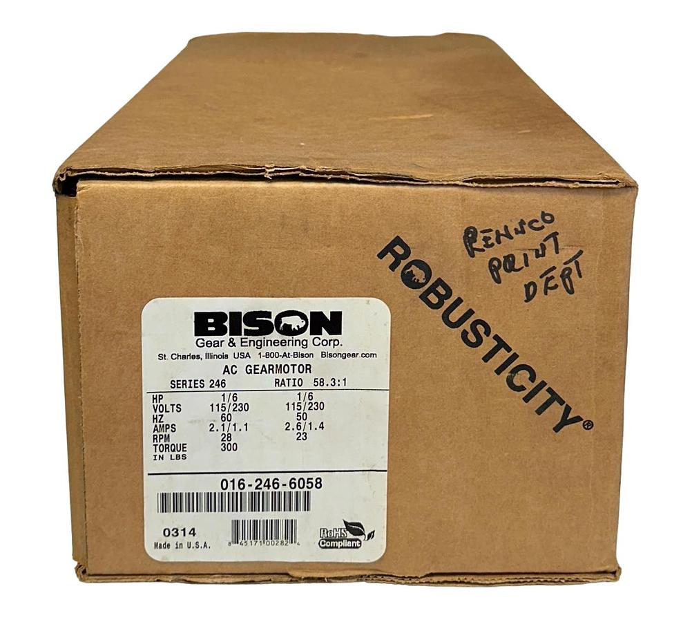 Used BISON 016-246-6058 / 0162466058 SERIES 246 AC GEARMOTOR 1/6HP 58.3:1 RATIO NSMP