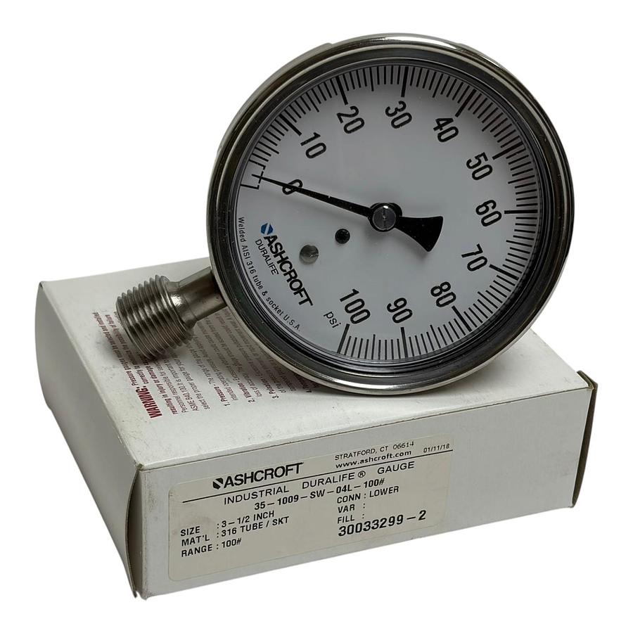 Used Ashcroft 35-1009-SW-04L-100# Duralife 3.5" Pressure Gauge 100 PSI 316SS New