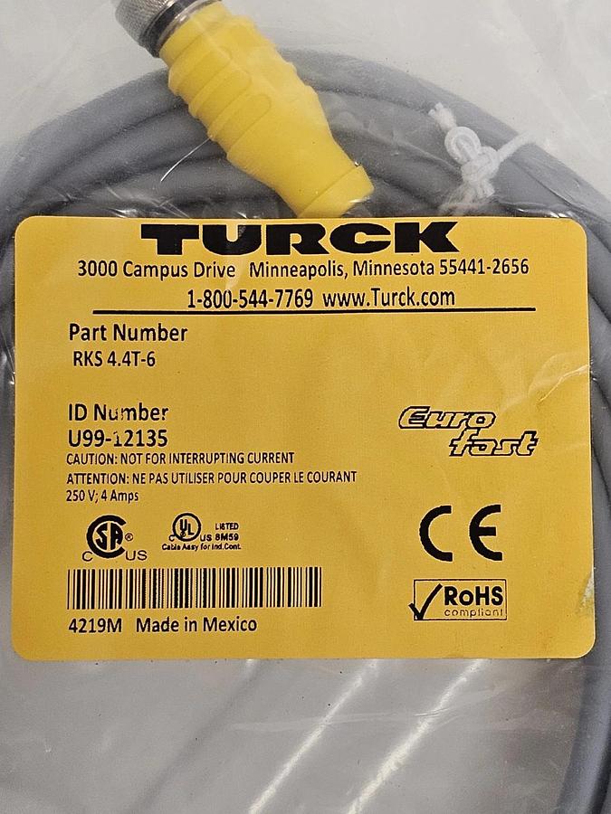 Used NEW TURCK RKS 4.4T-6 CORDSET SINGLE ENDED 4-WIRE 6 METER ID NUMBER: U99-12135
